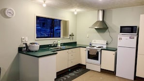 A compact kitchen with white cabinets, a stove, a microwave, and a sink. - City House with harbour view! (Dunedin)