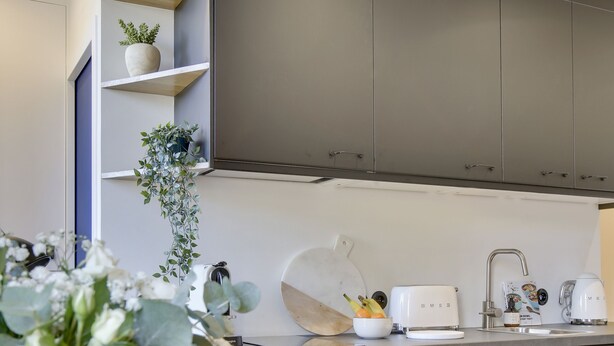 A modern kitchen with grey cabinets, a white countertop, and a blue chair. There are plants on the shelves and a tablet on the counter. - The Alcove Royale, furnished with 3 stars tourism (Versailles)