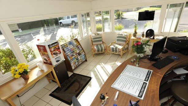 A reception area with a wooden desk, two striped armchairs, a computer, and a view of the parking lot through large windows. - Victoria Motel (Ventura)