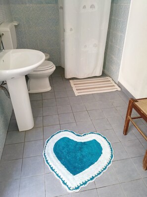 Een douche, een haardroger, een bidet, handdoeken