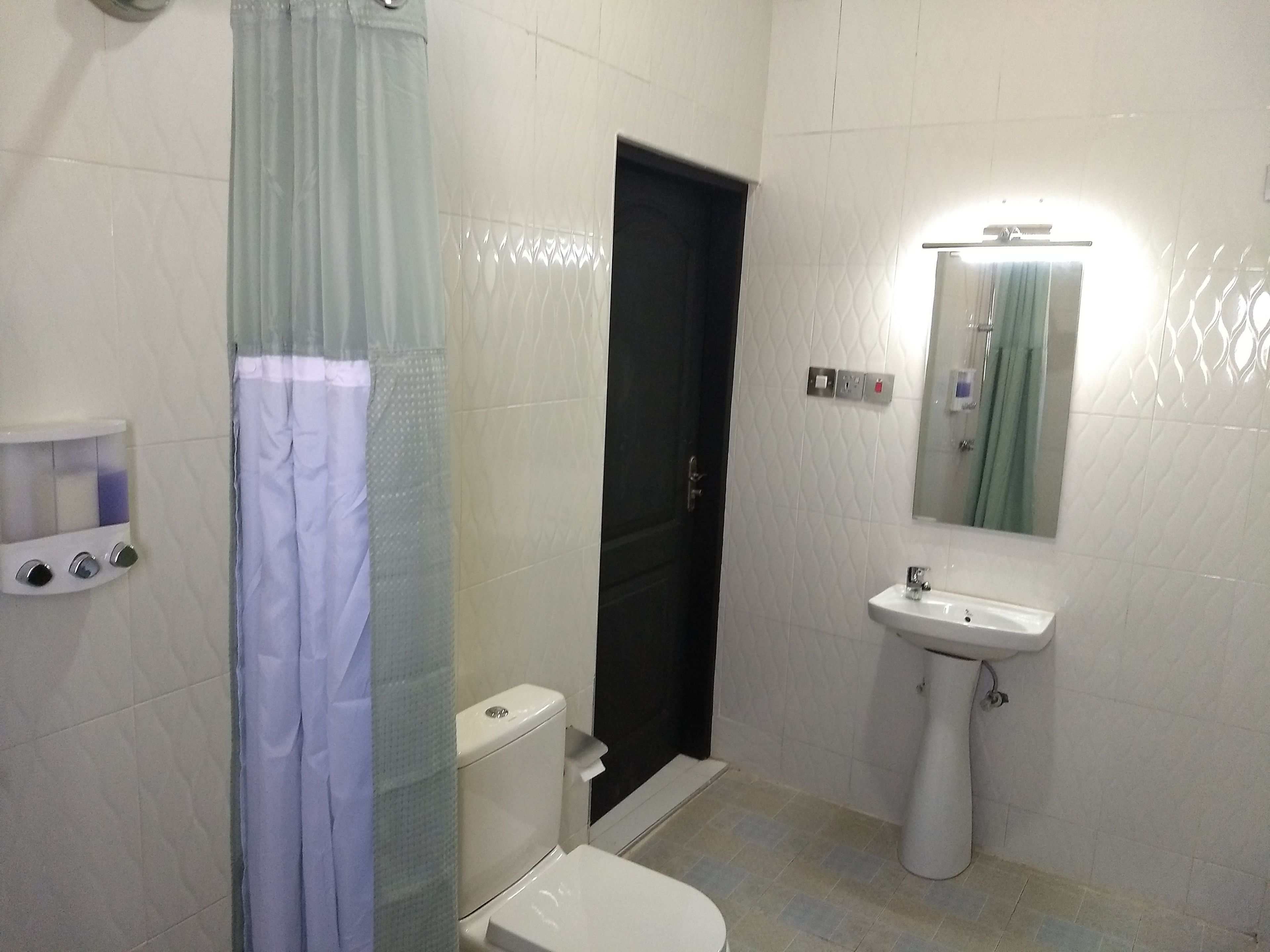 A bathroom with a toilet, sink, and shower curtain.