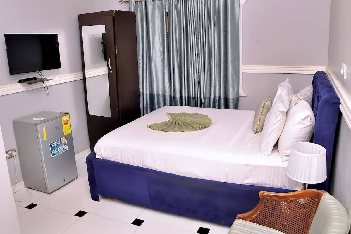 Een hotelkamer met een bed, een televisie, een kledingkast, een kleine koelkast en een stoel.