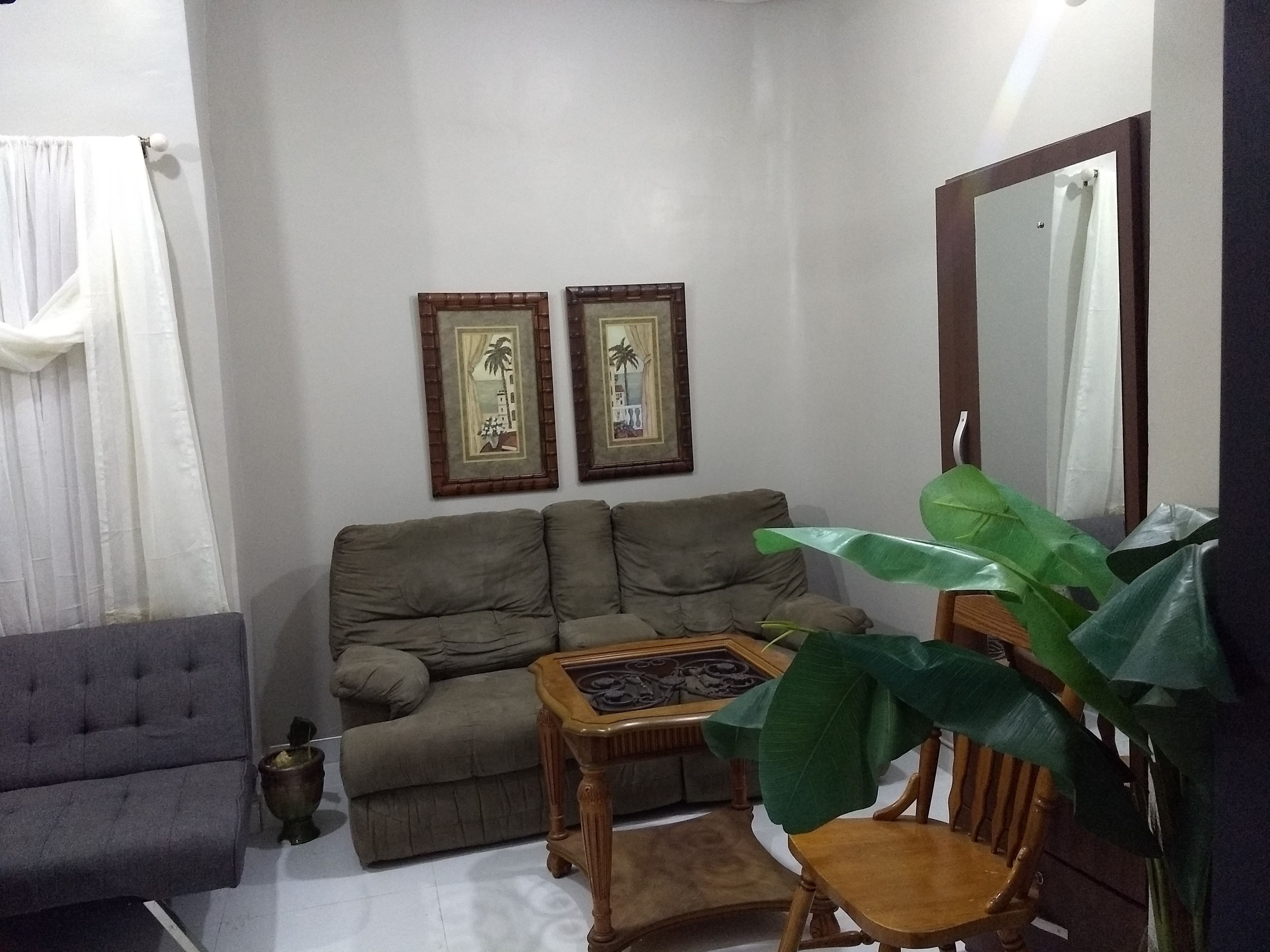 A living room with a sofa, a coffee table, a chair, and a large plant. There are two framed pictures on the wall.