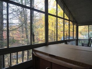 Interior - Woodlands Cabin- charming 2 bedroom, 2 bath, hot tub, wifi, Roku TV, peaceful setting. (Maggie Valley)