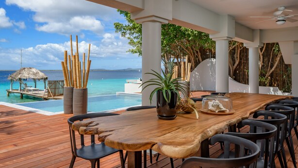 Een houten eettafel met stoelen, een potplant en een decoratief object op een terras met uitzicht op de oceaan en een rieten dakgebouw.