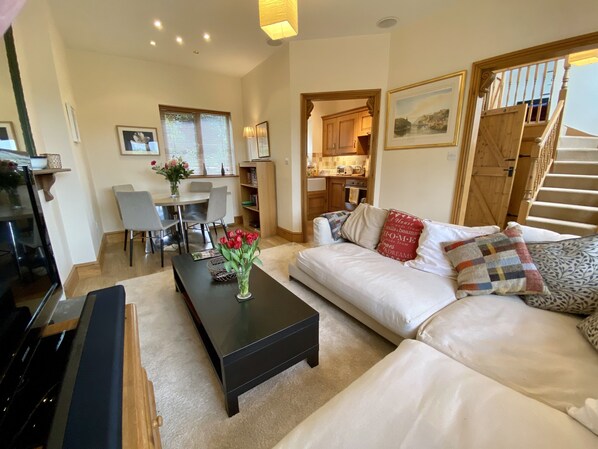 Smart TV, fireplace, DVD player, books