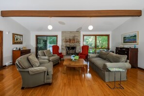 Älytelevisio, takka, DVD-soitin, kirjoja