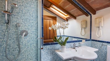 Shower, hair dryer, bidet, towels