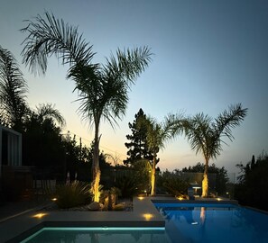 Ein Swimmingpool mit Palmen und einem Sonnenuntergang im Hintergrund.