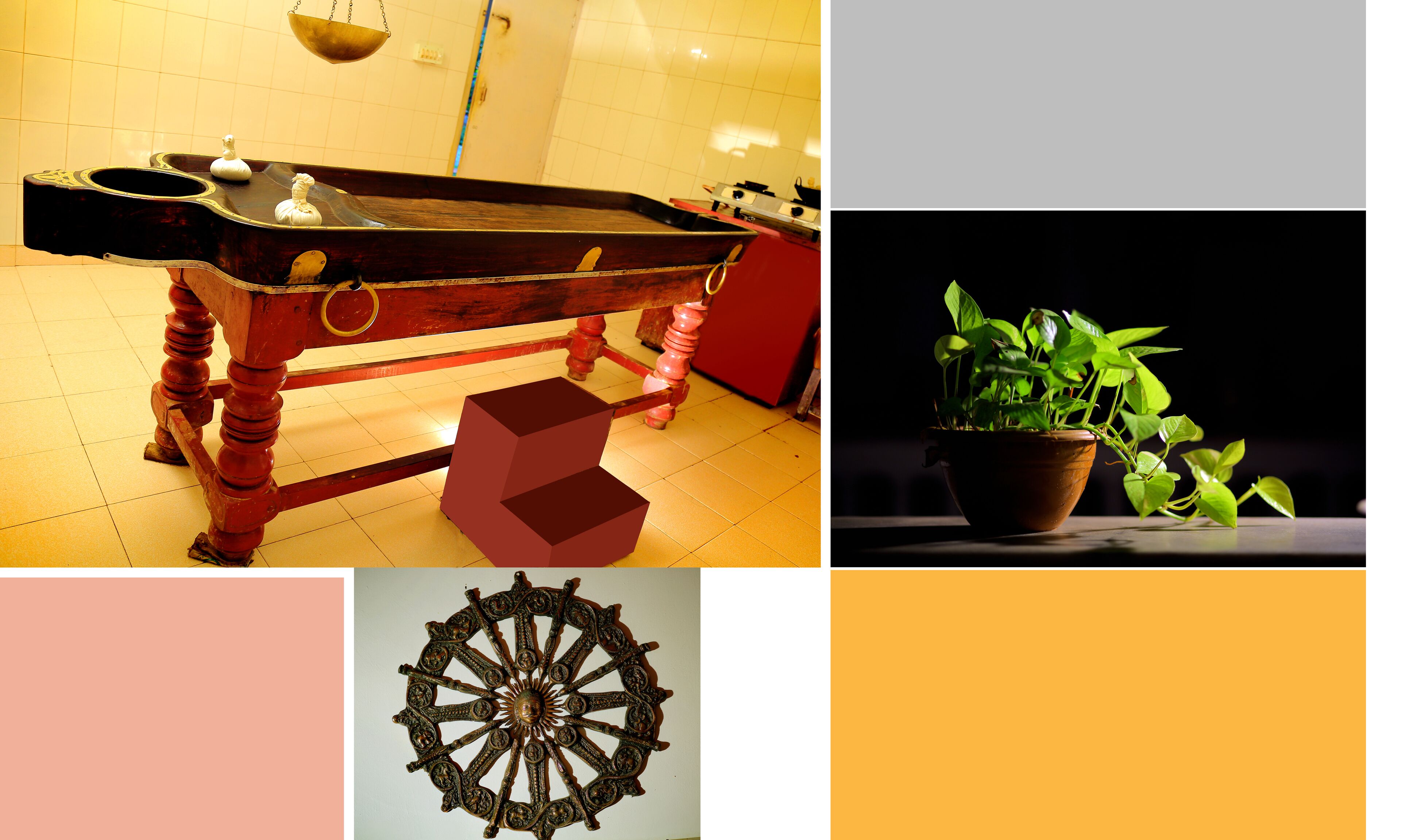 A wooden table with a bowl and a white object on it, a potted plant with green leaves, and a decorative wall hanging.
