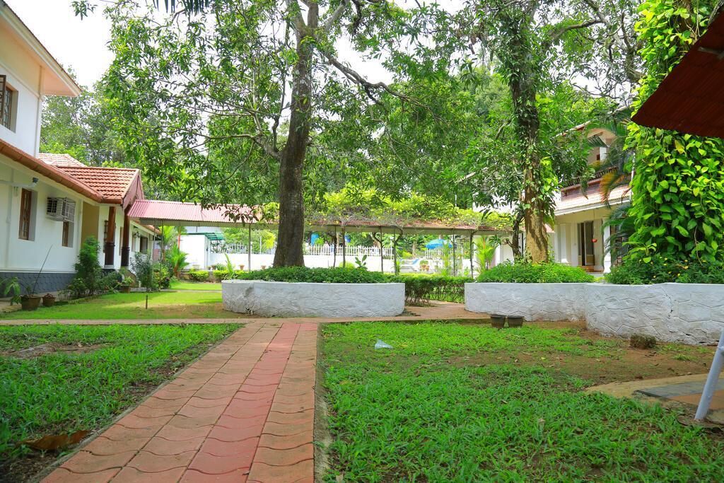 A courtyard with a paved walkway, surrounded by lush greenery and white stone walls.