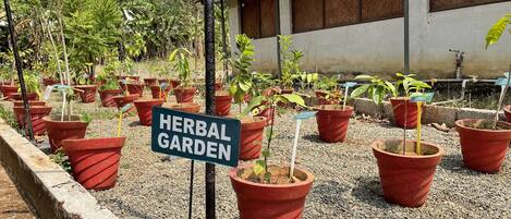 Un letrero que dice "HERBAL GARDEN" frente a un edificio con techo de tejas y base de concreto.