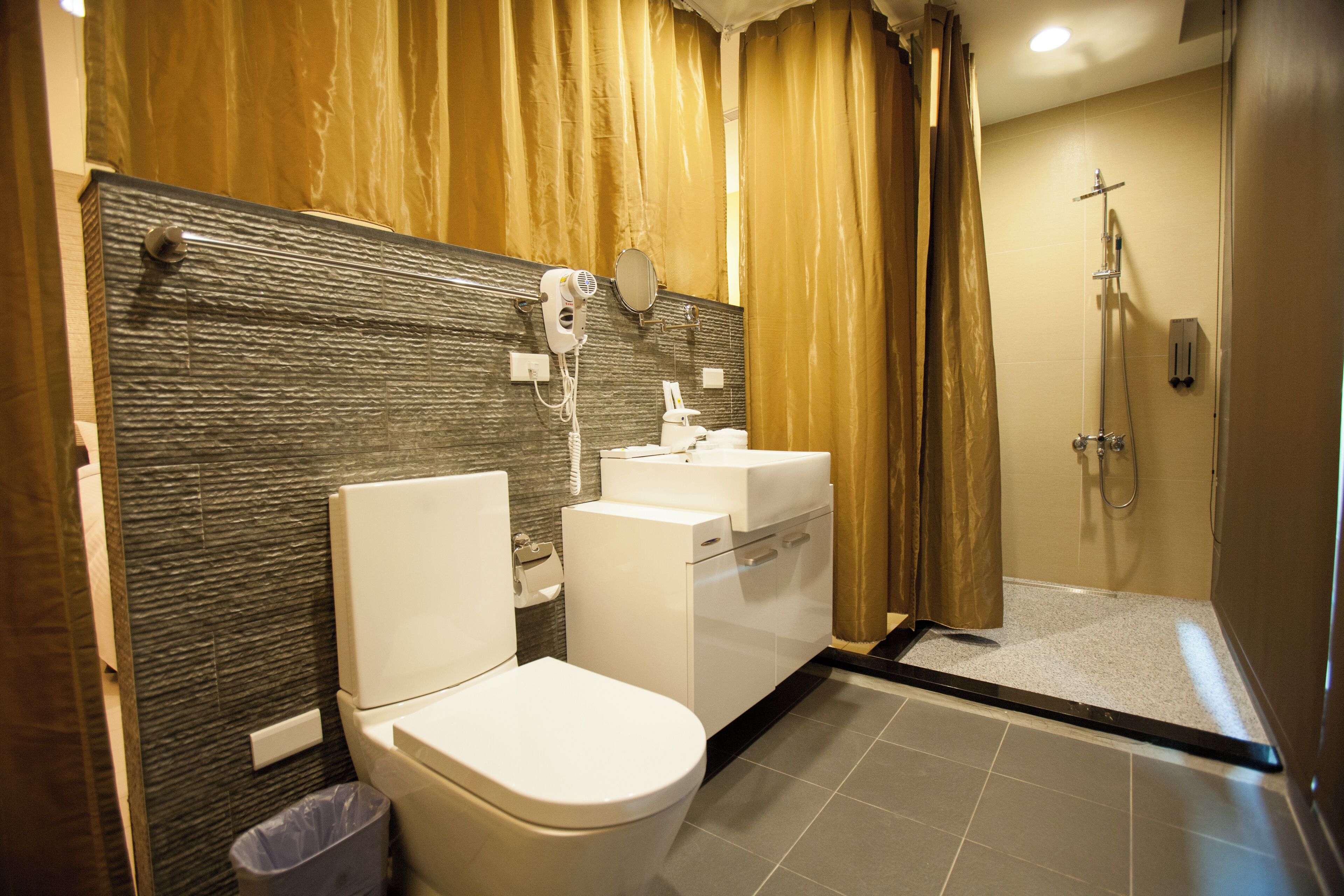 free toiletries, hair dryer, slippers, towels