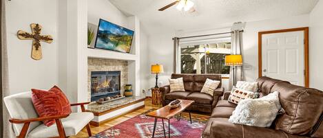 TV connectée, cheminée, jeux vidéo, lecteur de DVD