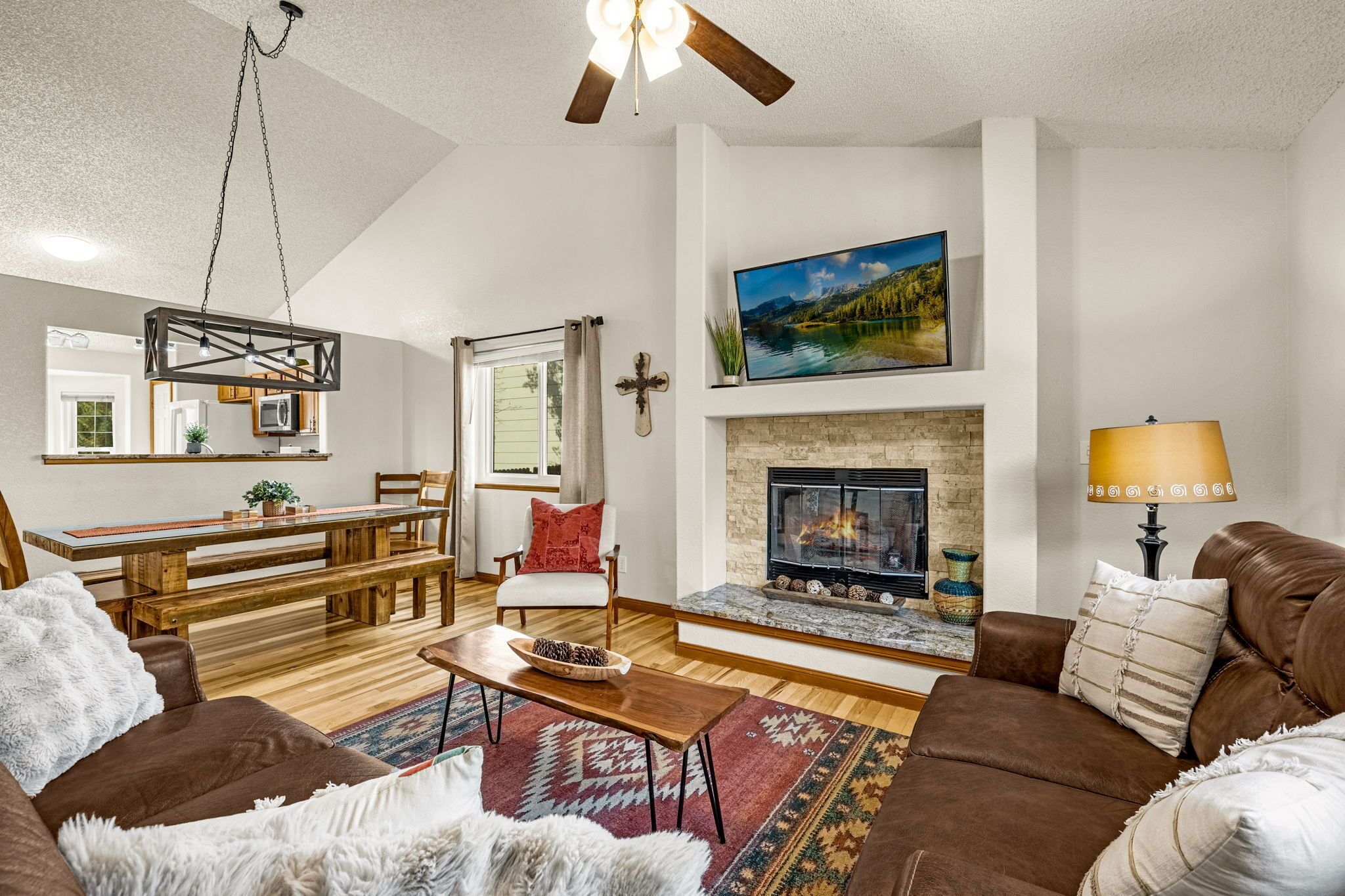 Smart TV, fireplace, video games, DVD player