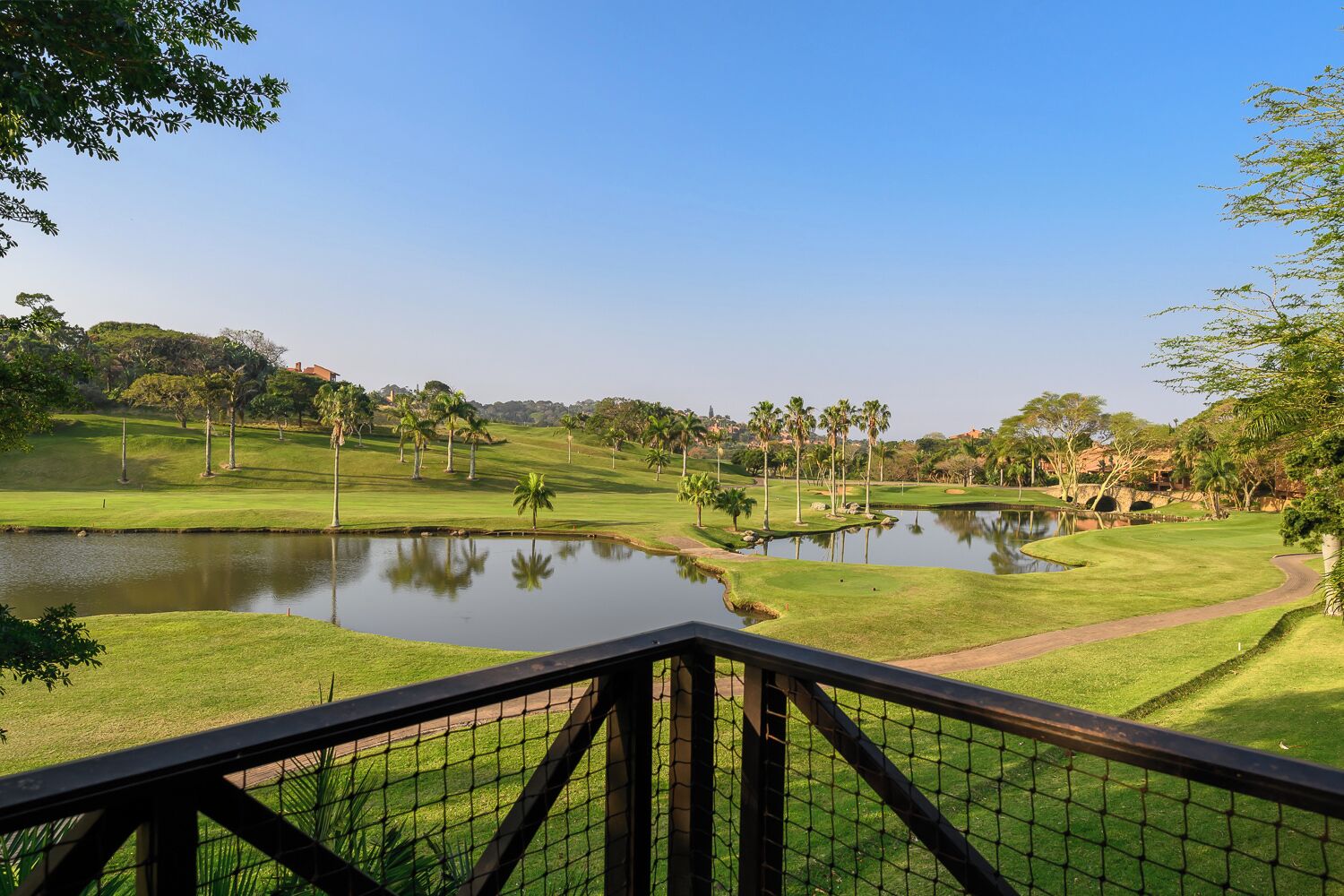 Een golfbaan met een vijver, palmbomen en een heldere lucht.