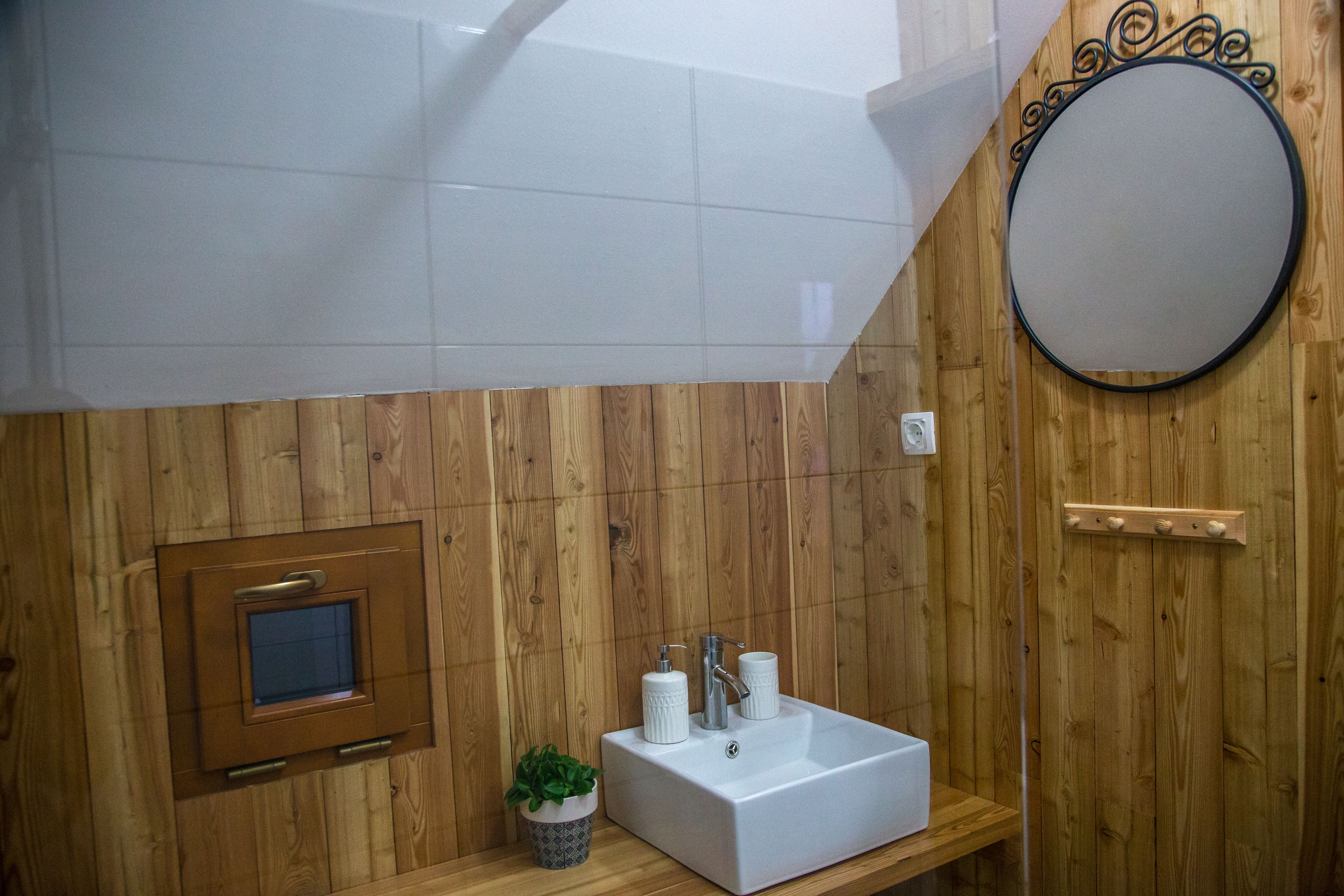 A bathroom with wooden paneling, a white sink with two faucets, a small potted plant, and a mirror on the wall.