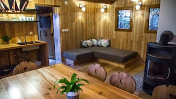 Luxury Chalet (Bistra) | Living area | Fireplace, books, heated floors