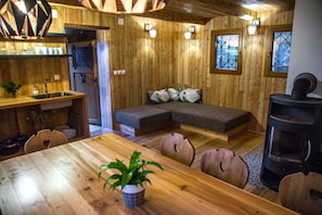 Chalet de lujo (Bistra) | Zona de estar | Una chimenea, libros, suelo radiante