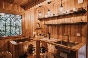 Cocina de cabaña de madera con ventana, repisas de madera y un lavamanos.