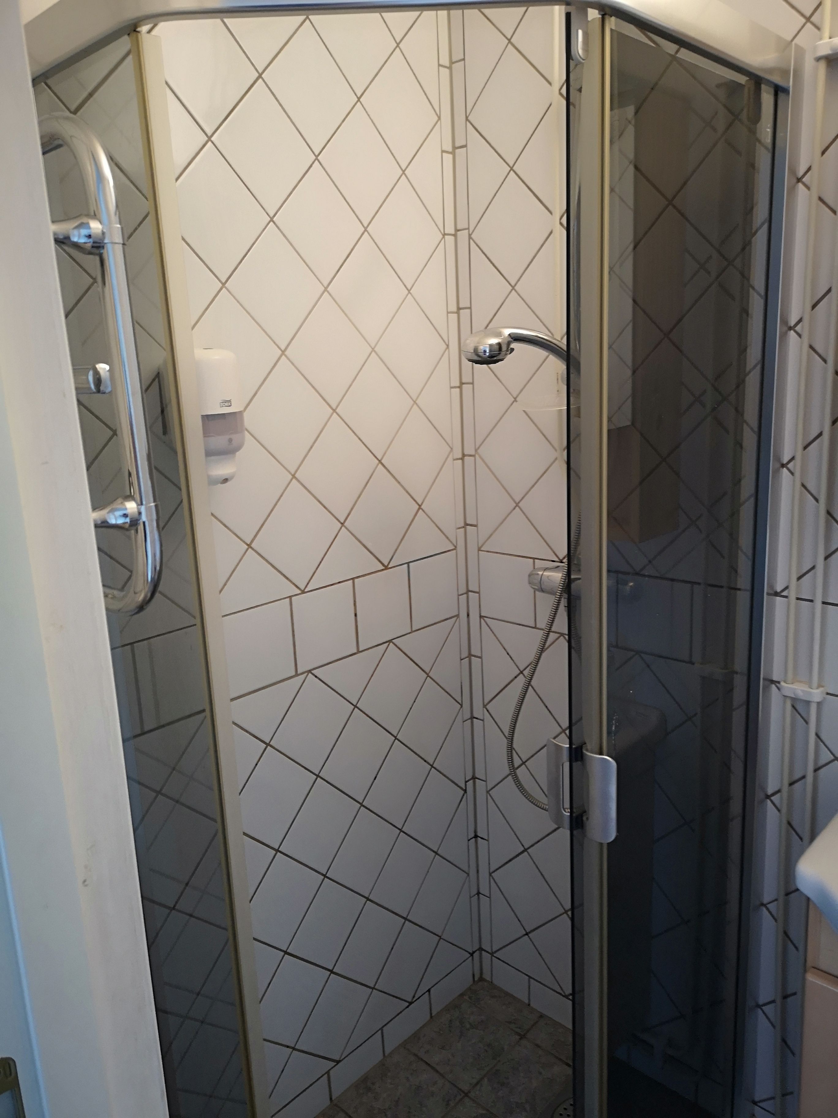 Ducha con cerramiento de vidrio, secamanos y toallero.