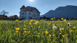 A large, historic building with a symmetrical facade and multiple windows, set against a backdrop of mountains and a clear sky.