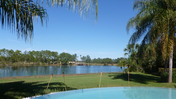 Piscina azul límpida com vista para um lago e palmeiras.