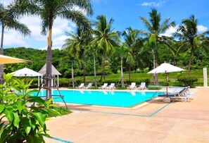 A swimming pool with lounge chairs and umbrellas, surrounded by palm trees.