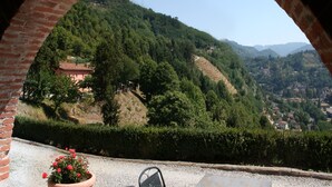 A view through a brick archway overlooking a hillside with a house and a garden. - Agriturismo la Torre (Bagni di Lucca)