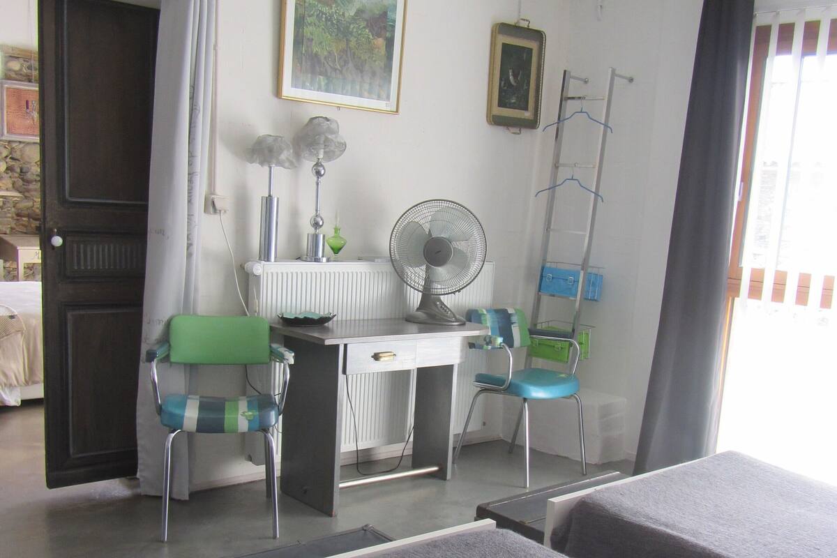 Une chambre avec deux lits, un bureau avec une chaise, un ventilateur sur pied et un radiateur.