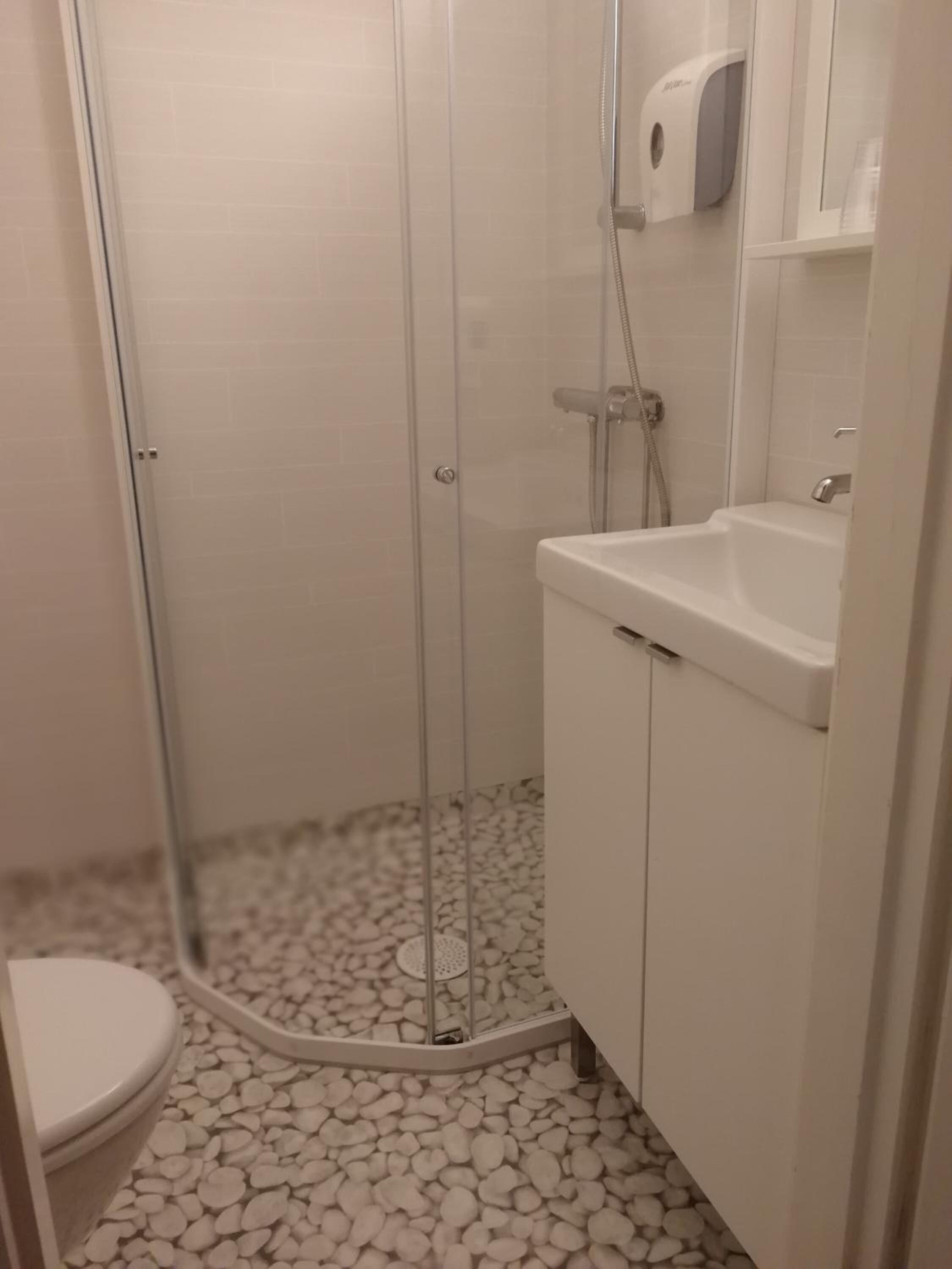 A bathroom with a glass-enclosed shower, a white sink, and a toilet.