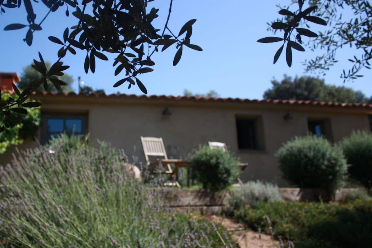 Une maison avec un toit recouvert de tuiles rouges, une terrasse avec une chaise et une végétation luxuriante tout autour.