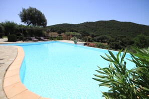 Seasonal outdoor pool, sun loungers