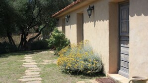 A building with a stone pathway leading to a door, surrounded by greenery and yellow flowers. - Auberge U Sirenu (Sartene)