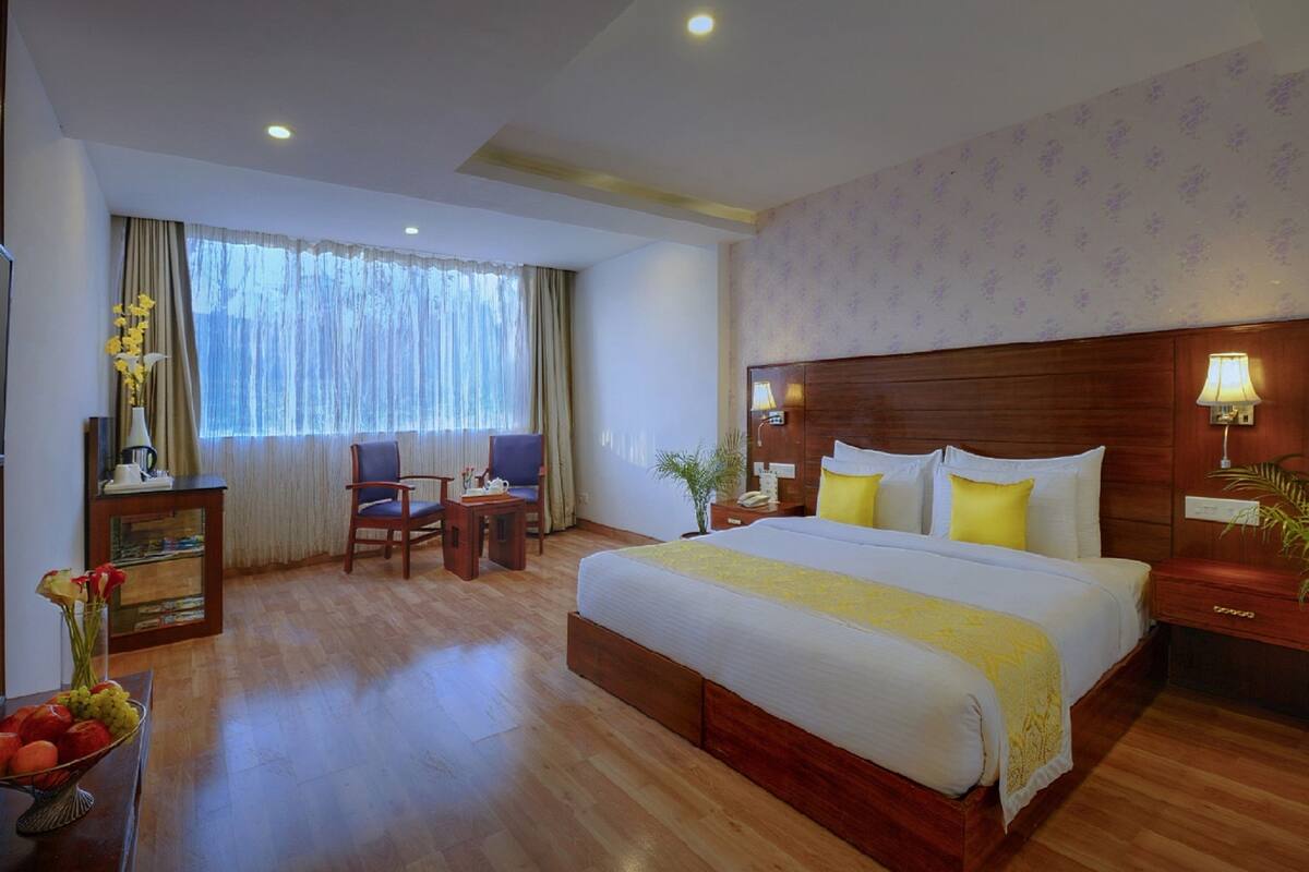 A hotel room with a large bed, a TV, a desk with a chair, and a window with curtains.