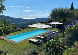 A rectangular swimming pool with a clear blue water, surrounded by a well-maintained lawn and a few lounge chairs. - Lone standing Villa, 180 m²(1960 ft²) pool, sea view, eco friendly, EV wall box (Camaiore)
