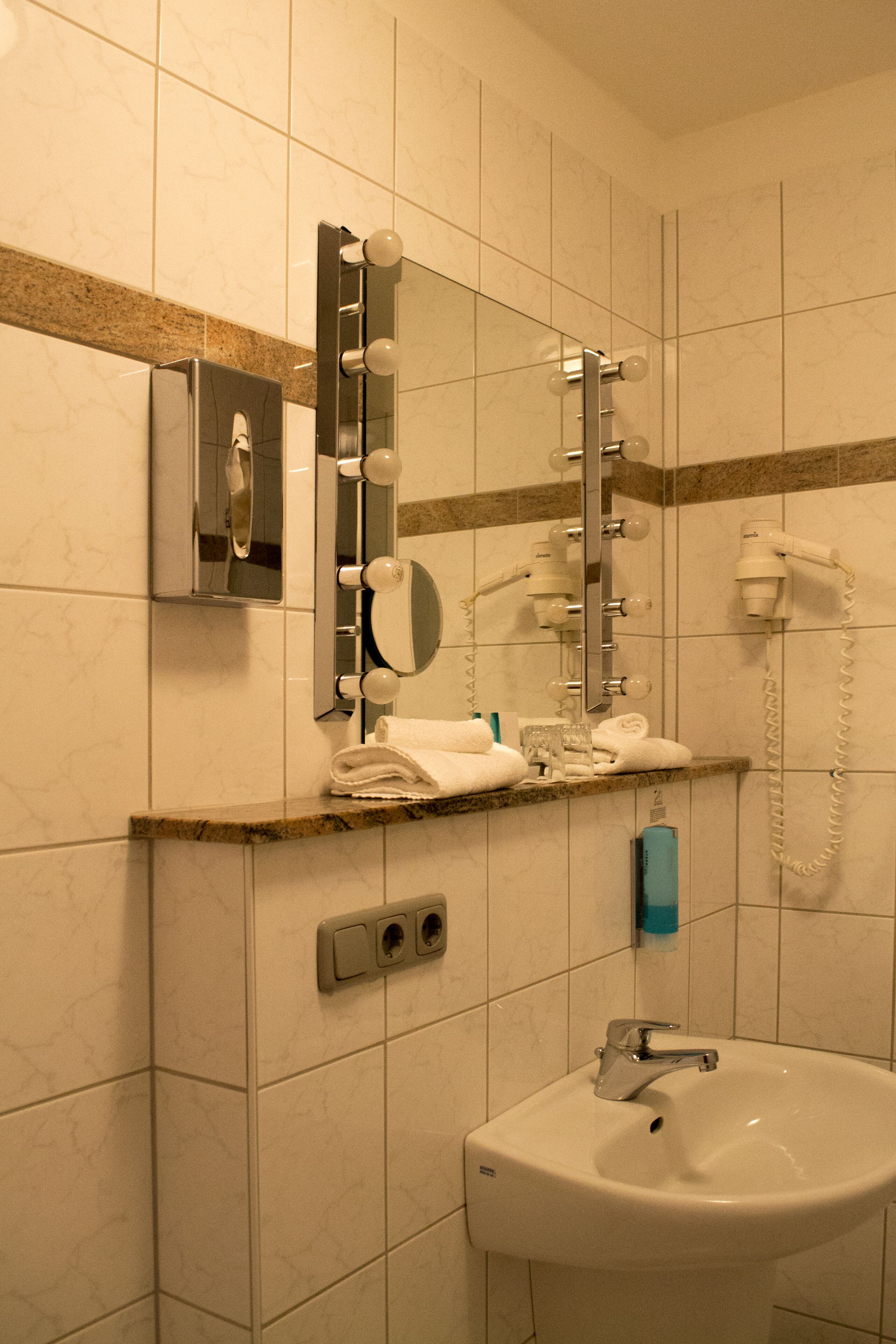 free toiletries, hair dryer, towels