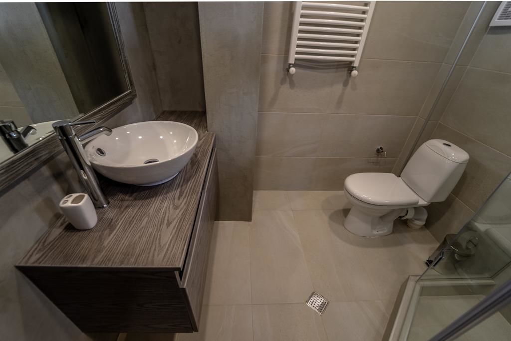 A modern bathroom with a large sink, toilet, and a glass shower enclosure.