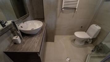 A modern bathroom with a large sink, toilet, and a glass shower enclosure.