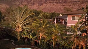 A swimming pool with a curved edge, surrounded by palm trees and a mountain in the background. - 5 Bedroom, 6 Bath Home with Private Pool -  Ocean & Mountain Views (Waianae)
