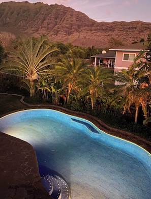 Une piscine à bord incurvé, entourée de palmiers et avec une montagne en arrière-plan.