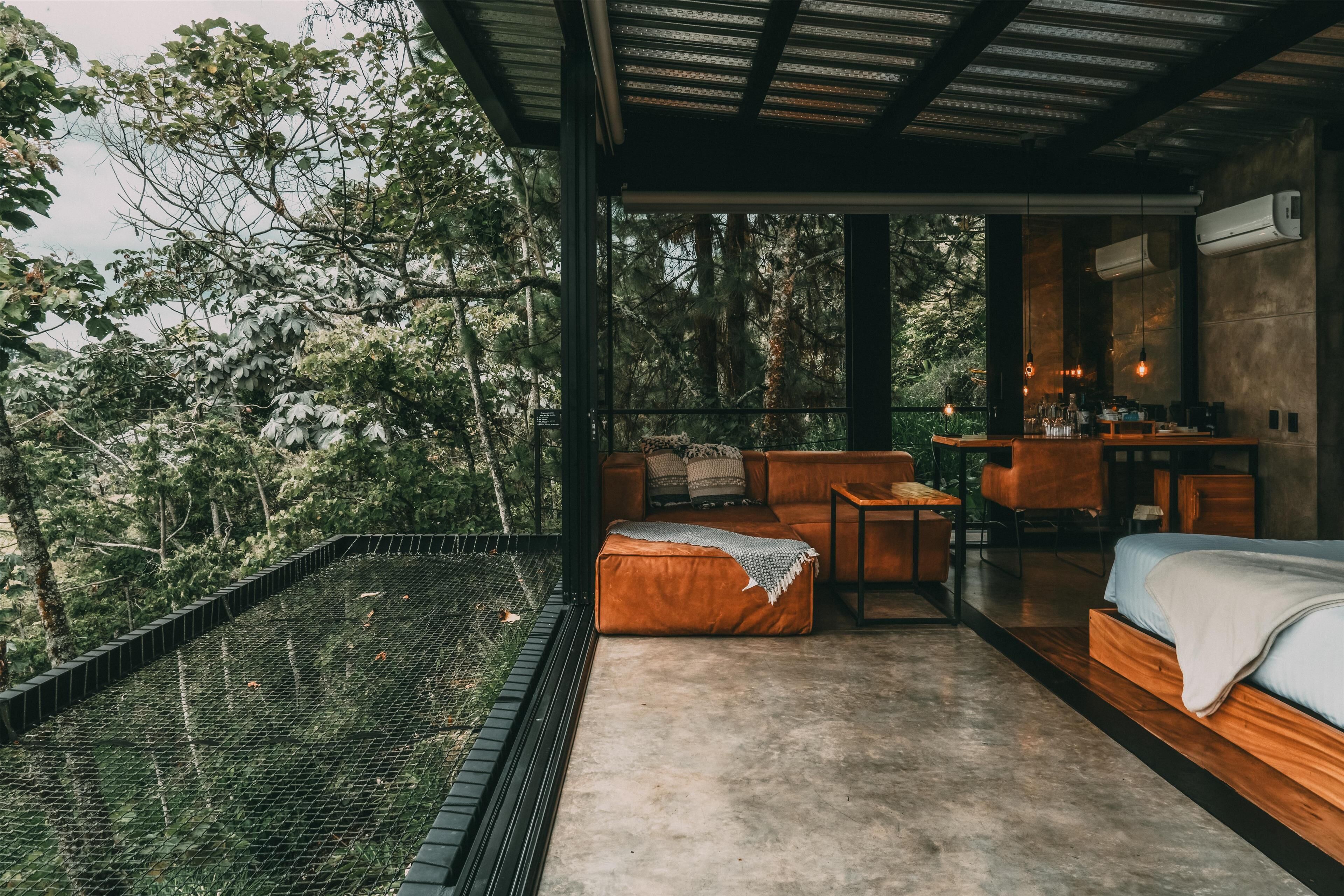 A modern, open-plan bedroom with a large window overlooking a lush forest.