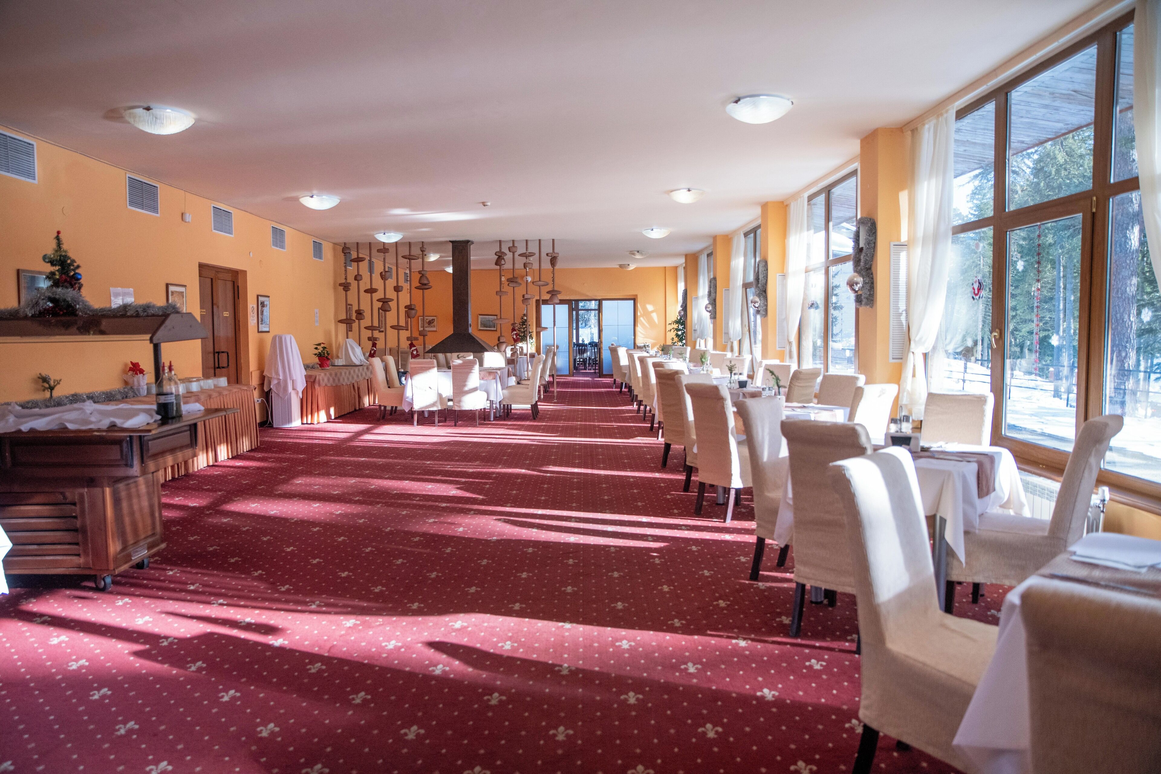 A hotel dining area with rows of tables and chairs, a red carpet, and large windows.
