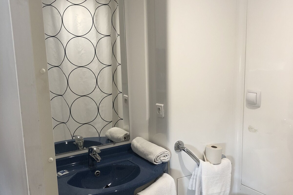 Ein modernes Badezimmer mit einem dunkelblauen Waschbecken, einer weißen Toilette und einer Duschkabine aus Glas.