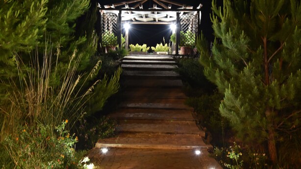 Un chemin illuminé qui mène à une pergola en bois, elle-même entourée de verdure.