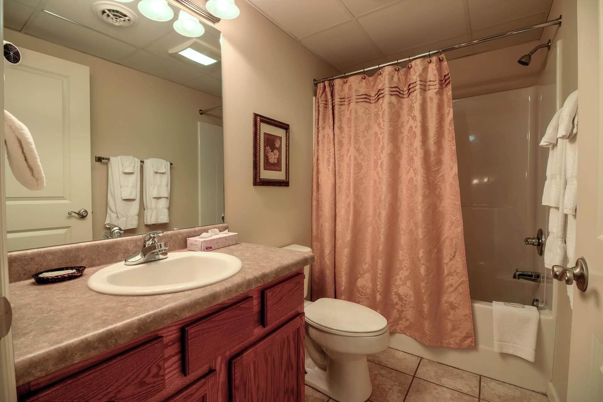 A bathroom with a sink, toilet, and shower curtain.