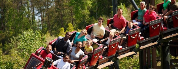 A group of people on a roller coaster ride.