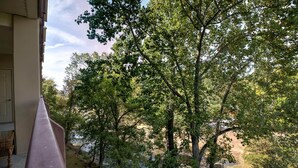 A balcony with a view of a river and trees. - Cedar Lodge 405 (Pigeon Forge)
