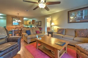 House, Multiple Beds (Cedar Lodge 701) | Living area | Flat-screen TV, fireplace, DVD player, books
