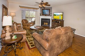 Condo, Multiple Beds (Cedar Lodge 401) | Living area | Flat-screen TV, fireplace, DVD player